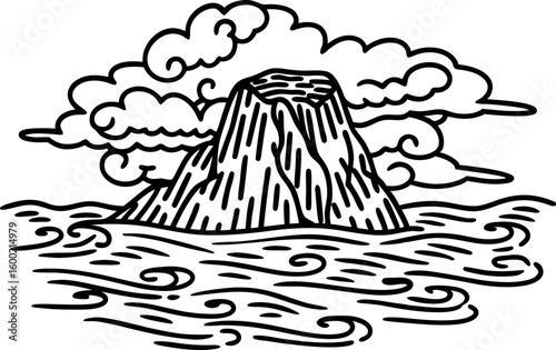 Volcanic island outline with ocean waves and dramatic clouds black and white illustration, bold contour nature art