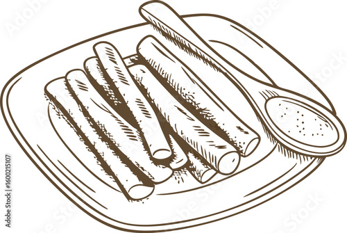 Traditional plate of rolled wafer sticks with spoon vintage dessert snack illustration, sweet treat concept