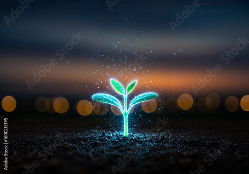 Young green plant growing amidst city lights at night, creating a vibrant urban backdrop at night.