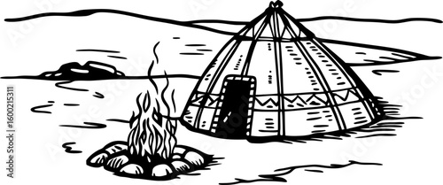 Traditional nomadic yurt in open field with campfire hand drawn illustration of rustic tent shelter, wilderness landscape