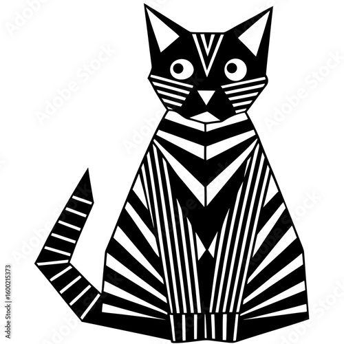 Stylized black and white cat portrait with geometric shapes and linear patterns artful design