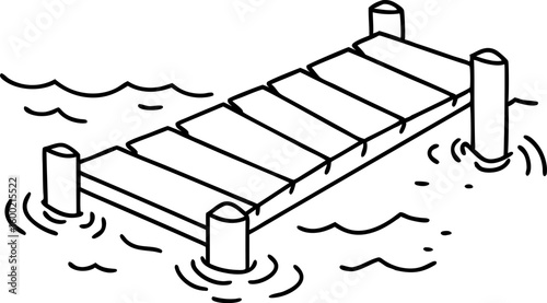 Wooden dock floating on calm water simple jetty, minimal black and white line drawing illustration