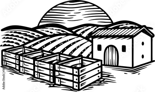 Farm landscape with wooden crates, barn, and rolling hills at sunrise rural agriculture harvest storage scene