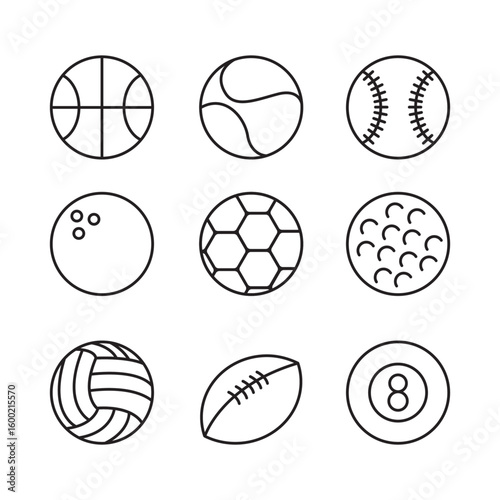 set of sport, ball themed line art, editable icon set