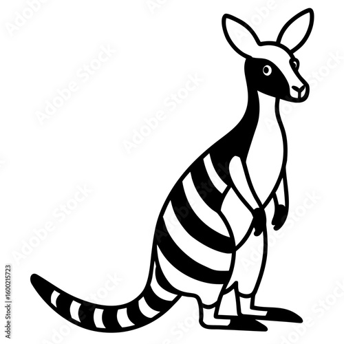 Cartoon kangaroo standing, with bold stripes on its body, in a side view, simple design