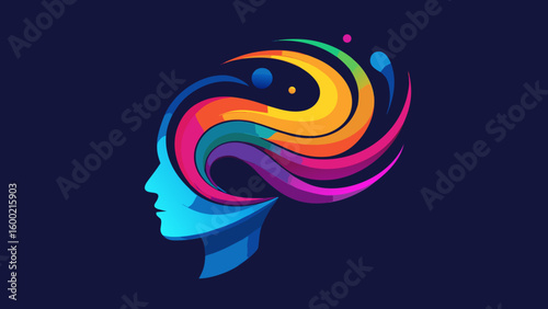 Colorful abstract human head with flowing vibrant shapes symbolizing creativity, inspiration and mental health