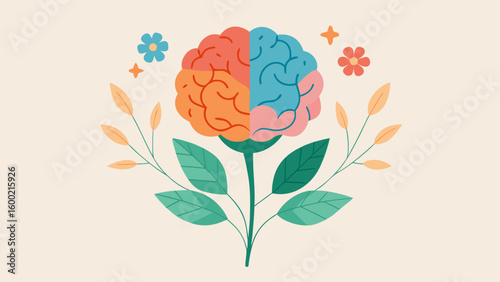 Colorful brain blooming like a flower with leaves and floral elements symbolizing emotional growth and mental wellness