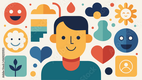 set showing diverse emotions through expressive abstract faces and organic shapes, therapy and emotional range visualization, warm color palette