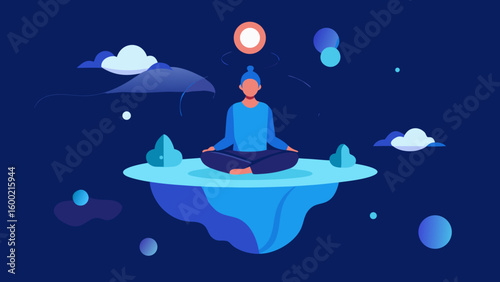 Person meditating on floating island in the sky symbolizing mindfulness, inner peace and spiritual elevation
