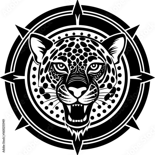 Striking jaguar head within circular, spiked emblem in bold, graphic style, fierce and powerful