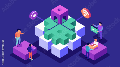 Isometric illustration of people collaborating around digital puzzle blocks symbolizing teamwork, connectivity and problem solving