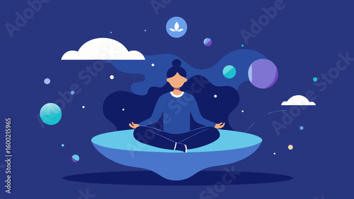 Woman meditating on floating platform in space symbolizing clarity of mind and inner peace