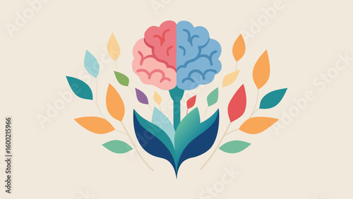 Colorful brain growing from leaves symbolizing mental healing and personal growth on light background