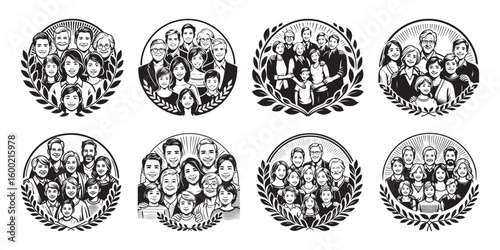 Diverse family portraits in circular emblems people