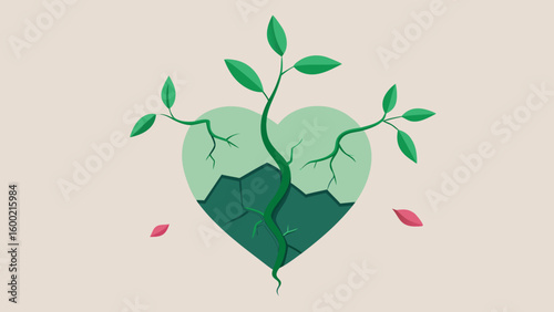 Green plant sprouting from a cracked heart symbolizing healing, growth and recovery on light background