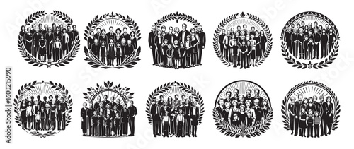 Diverse family groups in circular laurel wreaths people generations