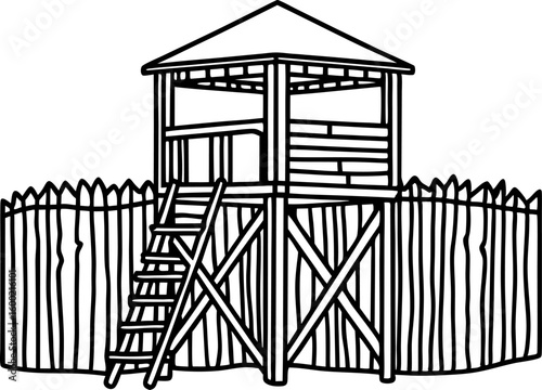 Wooden watchtower with stairs and fenced perimeter raised lookout structure for security and surveillance