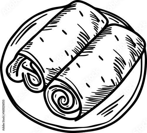 Two burritos on round plate hand drawn black and white line art, mexican fast food, tortilla wrap cuisine