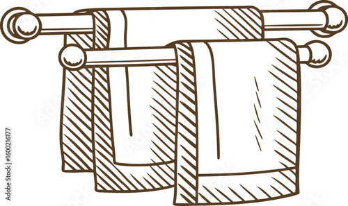 Bathroom towels hanging on double wall rack clean linen, hand towels, minimalist home organization concept