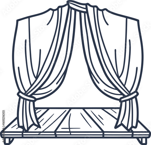 Empty stage with open curtains drawing theater performance area, entertainment, presentation, curtain backdrop sketch