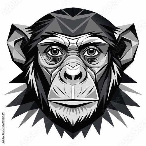 Polygonal chimpanzee face in black and white with a geometric, modern style design element