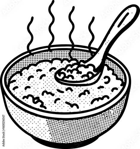 Hot steaming bowl of oatmeal breakfast with spoon nutritious morning porridge meal, healthy eating illustration