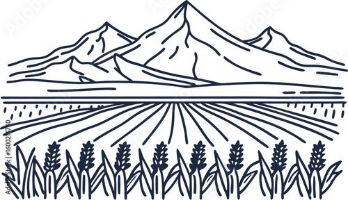 Mountain landscape and agricultural field illustration harvested wheat crop, rural farming with scenic peaks view