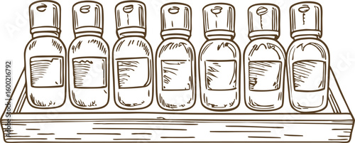 Essential oil bottles organized on tray aromatherapy, wellness, natural remedy concept hand drawn sketch illustration