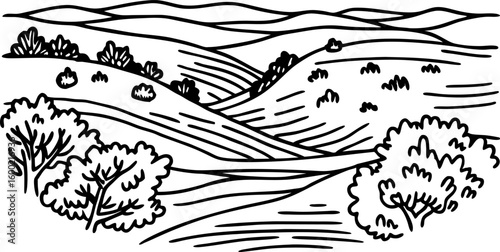 Rolling hills countryside landscape with trees rural scenic view, black and white illustration of farmland terrain
