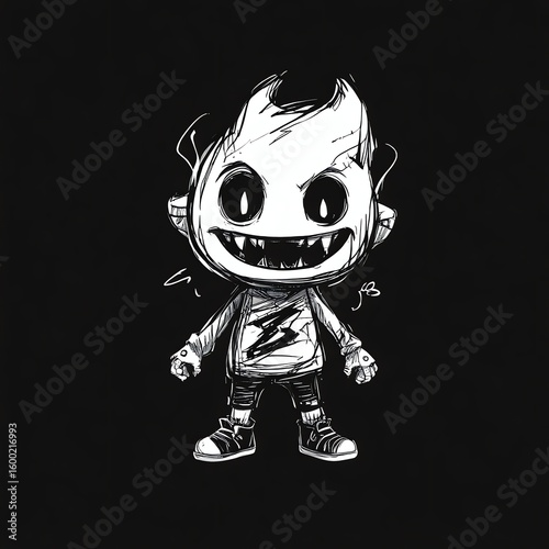 A Monochrome Sketch of a Grotesque, Fire-Headed Imp