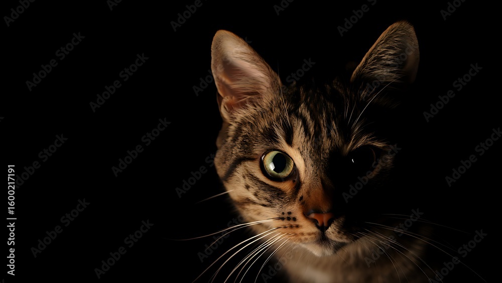 Obraz premium Tabby cat face with green eyes peeking from darkness feline animal