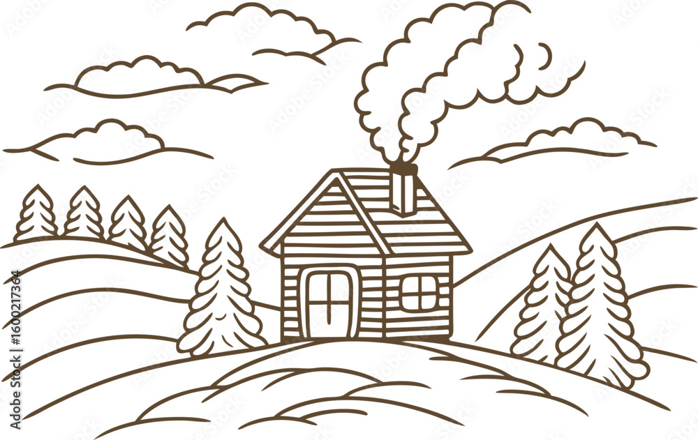 Fototapeta premium Cozy log cabin in mountain landscape, smoke rising from chimney, surrounded by pine trees, hills, clouds