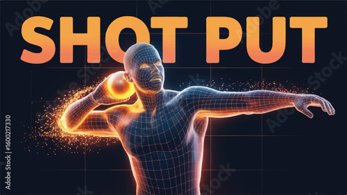 Dynamic Shot Put: A visually striking artistic rendering of a shot put athlete, frozen mid-motion, poised to release the weighted ball. The image exudes energy and strength.