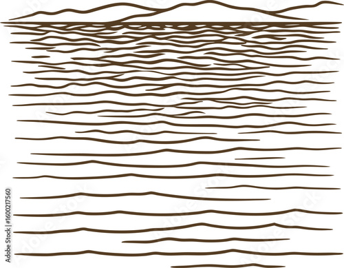 Minimalist line art seascape with distant mountains simple hand drawn waves, calm nature abstract coastal illustration