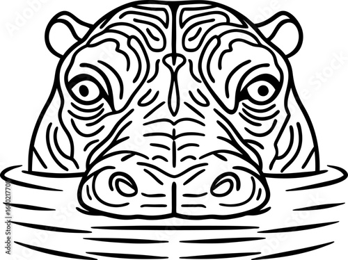 Wallpaper Mural Hippo head emerging from water, black and white line art animal illustration, detailed wild nature drawing Torontodigital.ca