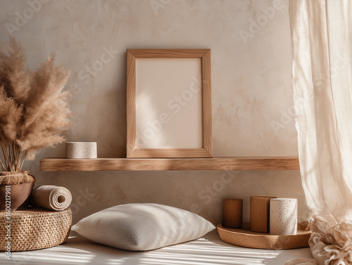 Boho style yoga room interior with a wooden photo frame mockup placed on a minimalist shelf or leaning against a textured neutral wall, surrounded by yoga props