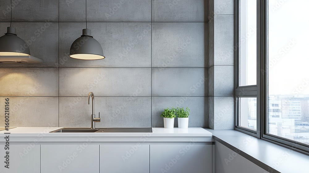 Fototapeta premium Modern kitchen with gray tiled walls, white cabinets, and a window overlooking a city