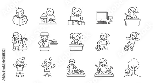 Children engaged in various activities like reading playing with blocks and sports computer