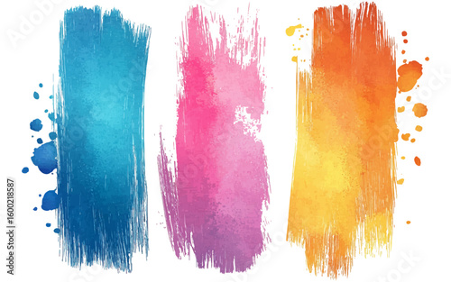 Expressive watercolor brushstrokes in shades of purple, yellow, and blue add artistic flair and a soft, organic touch to any design