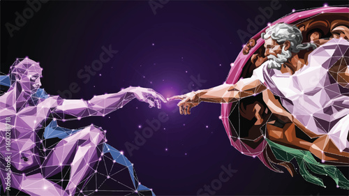Digital Renaissance: Captivating artwork portrays a modern, low-poly rendition of a classic artistic moment, symbolizing creation and connection in a digital age.