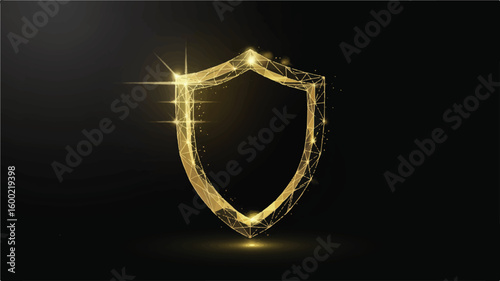 Golden Shield of Protection: A gleaming golden shield, its surface shimmering with intricate detail, stands resolute against a dark backdrop, evoking themes of security and defense.