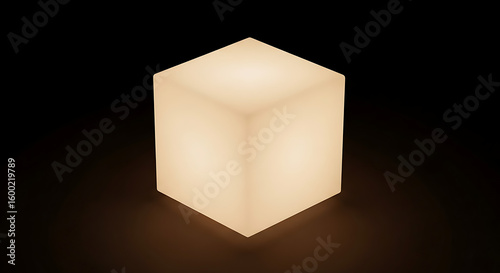 Illuminated cube casting soft glow on dark surface creating minimalist and modern aesthetic appeal