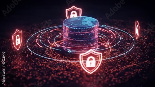 3D security visualization of digital server with floating red security icons and a glowing shield