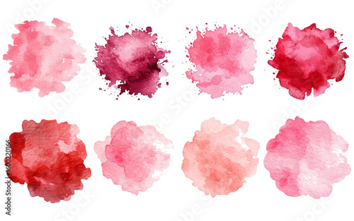 A vivid array of watercolor paint splatters and swatches in warm tones, ideal for artistic backgrounds and creative design elements