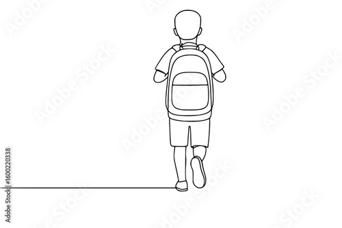 Child with Backpack Walking Away in Continuous Line Art Style