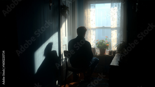 This person sits in shadow by a window, lost in thought and surrounded by plants.