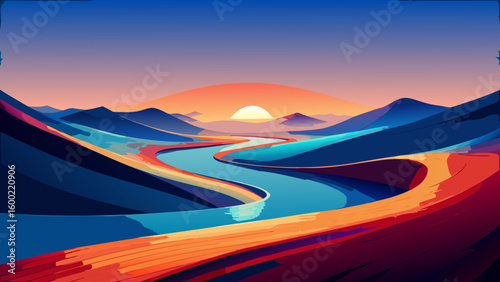 Colorful Abstract Landscape Sunrise Backgrounds – Winding River & Sunset Scenery