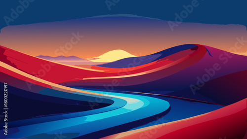Colorful Abstract Landscape Sunrise Backgrounds – Winding River & Sunset Scenery