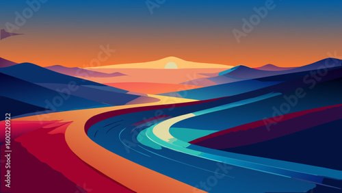 Colorful Abstract Landscape Sunrise Backgrounds – Winding River & Sunset Scenery