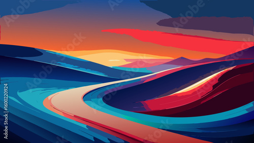 Colorful Abstract Landscape Sunrise Backgrounds – Winding River & Sunset Scenery